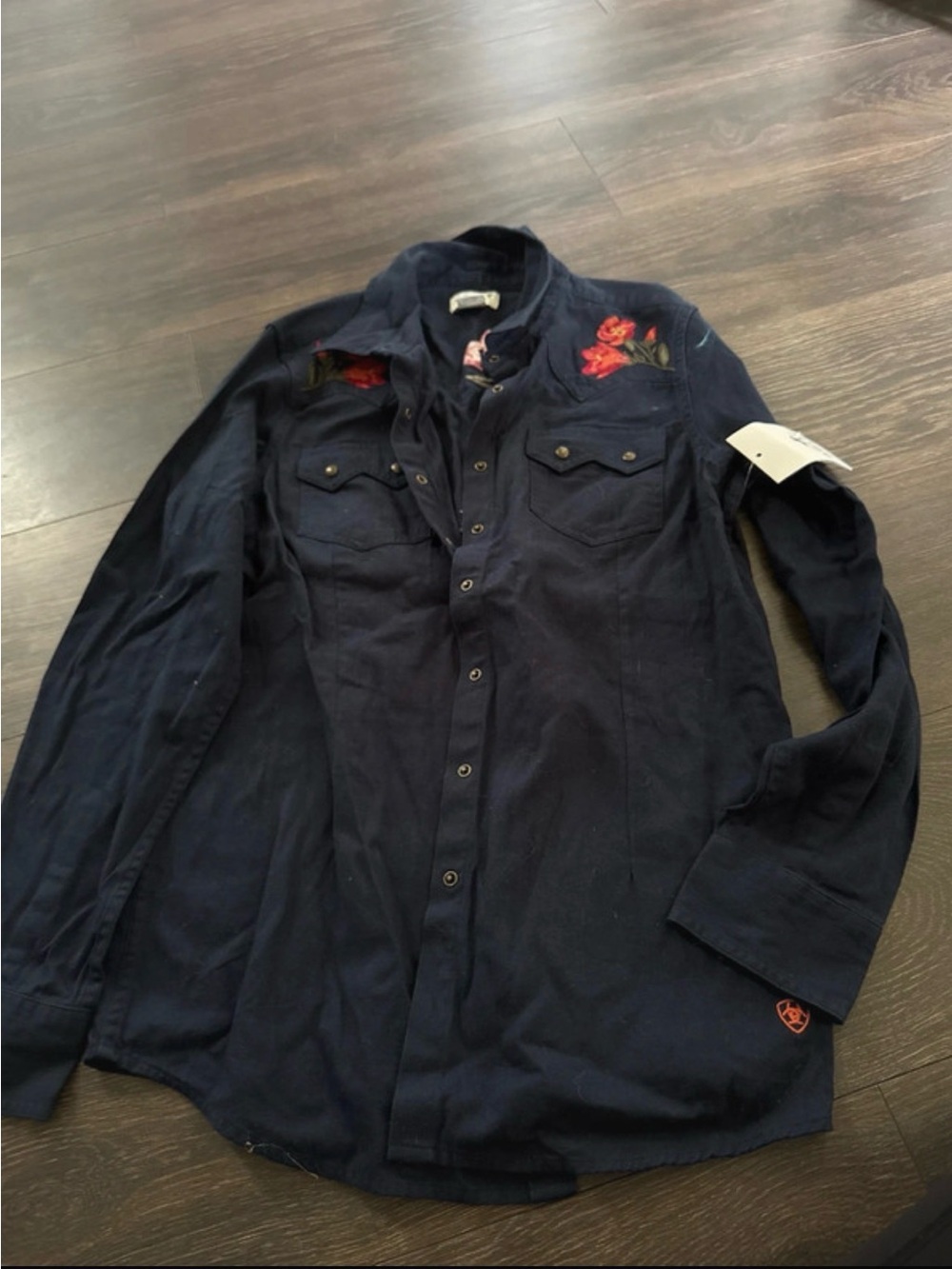 Ariat Navy Button-Down Shirt with Red Floral Embroidery